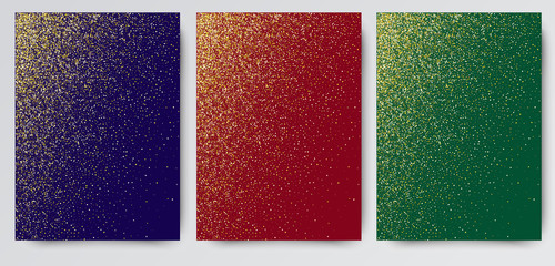 Gold glitter texture isolated on green red blue . Amber particles color. Celebratory background.