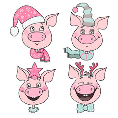 Set of cute pigs with emotions of joy and happiness
