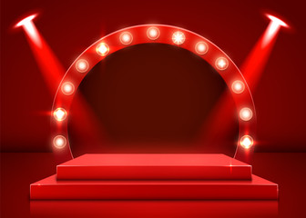 Stage podium with lighting, Stage Podium Scene with for Award Ceremony on red Background. Vector illustration