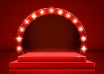 Stage podium with lighting, Stage Podium Scene with for Award Ceremony on red Background. Vector illustration - obrazy, fototapety, plakaty