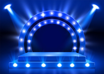 Stage podium with lighting, Stage Podium Scene with for Award Ceremony on blue background. Vector illustration
