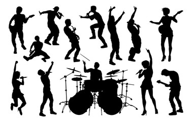 Naklejka premium A set of musicians, rock or pop band singers, drummers, and guitarists high quality silhouettes