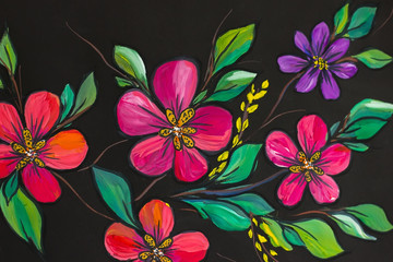 Flowers illustration on a black background. Oil Painting, Impressionism style, flower painting, canvas,