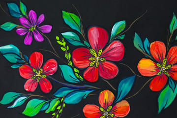 Flowers illustration on a black background. Oil Painting, Impressionism style, flower painting, canvas,