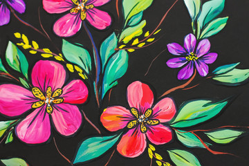 Flowers illustration on a black background. Oil Painting, Impressionism style, flower painting, canvas,