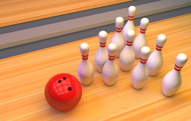 Bowling background with skittles and ball