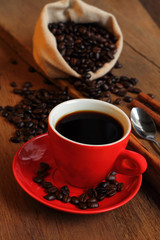 Hot black coffee and bean coffee.