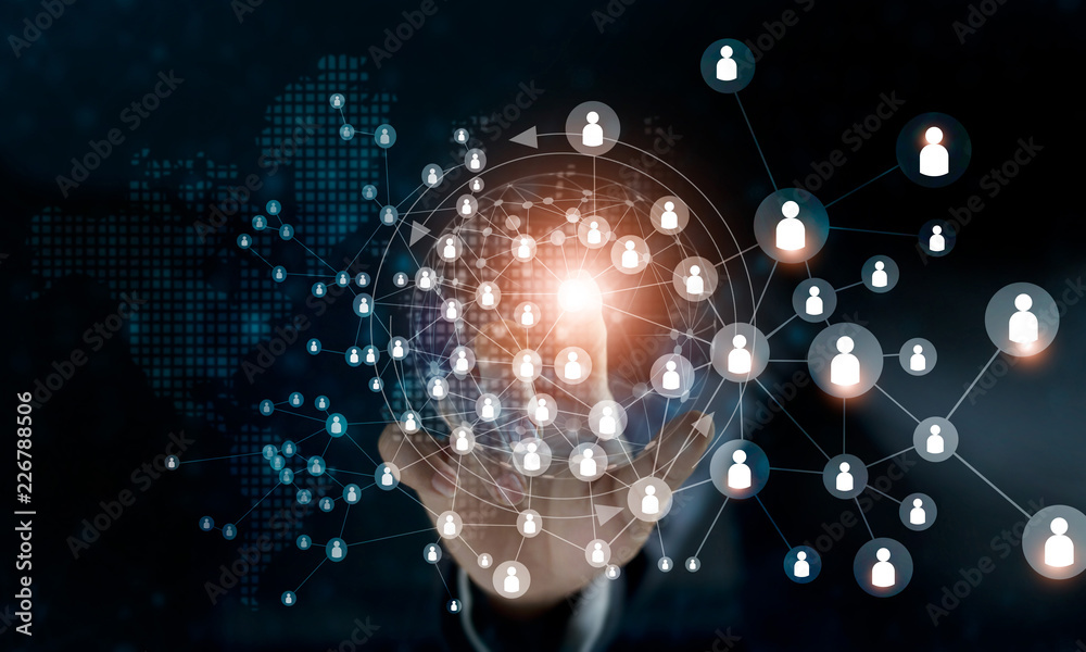 Aufkleber Business woman touching global structure networking and data exchanges customers connection on dark background