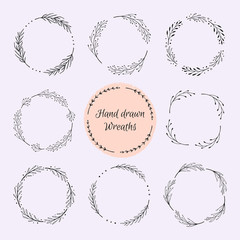 Hand drawn wreath set. Floral round frames, vector design elements for cards, invitations. 