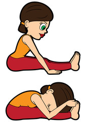 Yoga asana set seated forward bend/ Illustration cartoon girl doing paschimottanasana and its variation 