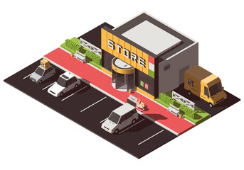 Isometric store building with parking.