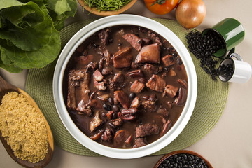 Brazilian Feijoada Food. Top view with copy space.