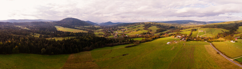 Beautiful panorama of the Beskidy Mountains. Poland. Aerial view, view from the drone.