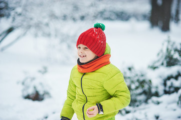Fototapeta na wymiar the boy in snow in the Park. A boy plays in winter Park. Adorable child walking in snow winter forest