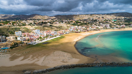 Fototapeta premium Aerial. Public beach nerar The Scala dei Turchi. Realmonte, near Porto Empedocle, southern Sicily, Italy.