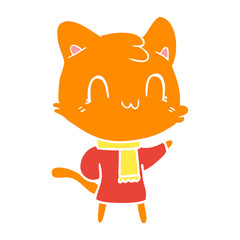 flat color style cartoon happy cat wearing scarf