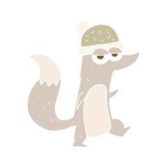 flat color illustration of a cartoon little wolf wearing hat