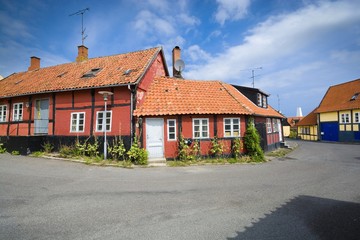 Traditional colorful half-timbered houses in Allinge, Bornholm, Denmark