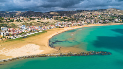 Aerial. Public beach nerar The Scala dei Turchi. Realmonte, near Porto Empedocle, southern Sicily, Italy.