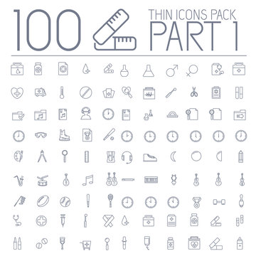 part 1 of set 100 thin line icons pictogram. For web and mobile. Medical, business, ofiice, sport, education, music, whether themes. Vector illustration design