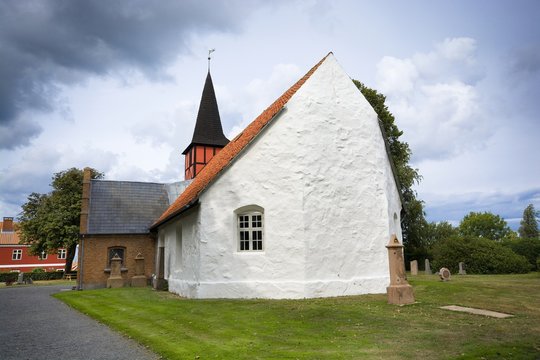 View of Hasle Church during the sunset. Built as a chapel about 1460, Bornholm, Denmark.