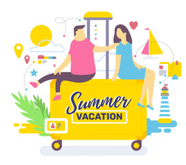 Vector color illustration of two people are sitting at suitcase with palm, wave, sun. Summer vacation time.