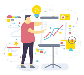 Vector color illustration of standing business man with stand and schedule on white background.