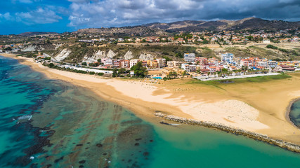 Aerial. Public beach nerar The Scala dei Turchi. Realmonte, near Porto Empedocle, southern Sicily, Italy.