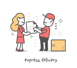 Vector creative illustration of delivery happy man in red uniform with cap and client sign a delivery document. Express delivery of parcel service.