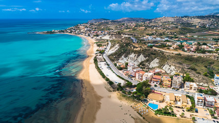 Aerial. Public beach nerar The Scala dei Turchi. Realmonte, near Porto Empedocle, southern Sicily, Italy.