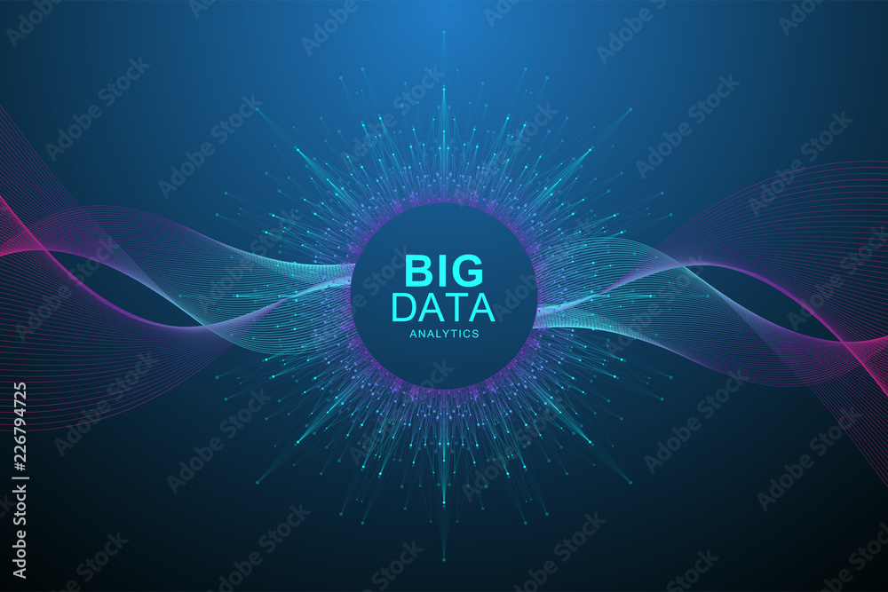 Aufkleber Big data visualization. Graphic abstract background Artificial Intelligence and Machine Learning. Perspective backdrop of depth. Virtual minimal array with compounds. Vector illustration Big data.