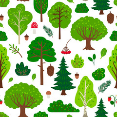 Forest tree pattern with berries and cones, on white background, vector illustration