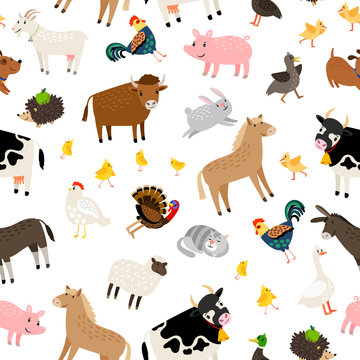 Farm animals pattern on white background, vector illustration