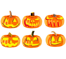 Set of six pumpkins for Halloween, objects isolated on white background