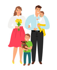 Happy young family. Cartoon parent mother and father, smiling kids and dog vector illustration