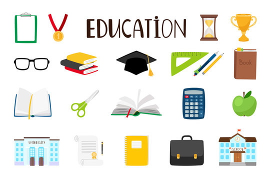 School cartoon items. Education supplies and schoolhouse vector illustration, pencil and pen stationery, winners cup and book icons