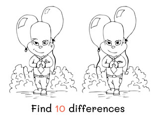 Black and white cartoon vector illustration of the search for differences. Educational activity for preschool children with a little boy for coloring.
