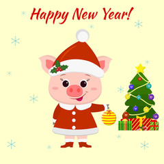 Happy New Year and  Christmas  Card.  pig dressed in Santa costume with a ball for the Christmas tree. Christmas tree and boxes with gifts. The symbol of the new year in the Chinese calendar. Vector