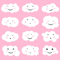 Lovely cute clouds. Set of Emoticons, Emoji. Smile icons. Isolated vector illustration