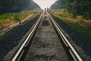 Mystic train travels by rail along forest. Railway traffic light and locomotive on railroad in distance. Mirage on railway track. Atmospheric landscape.