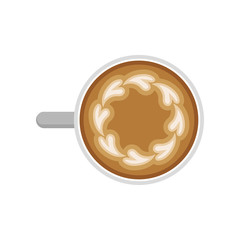 Flat vector icon of morning aroma coffee. Circle drawing with hearts on latte. Cup of cappuccino, top view