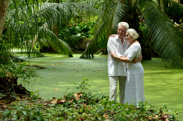 Fototapeta na wymiar Portrait of a happy elderly couple hugging