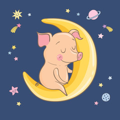 Cute cartoon sleeping pig sits on crescent