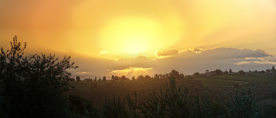 Sundown over Tuscan countryside; Montespetoli, region of Florence
