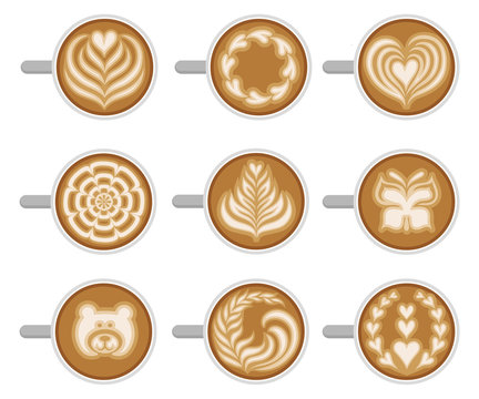 Flat vector set of coffee cups with different latte art, top view. Fresh and tasty cappuccino. Hot morning drink