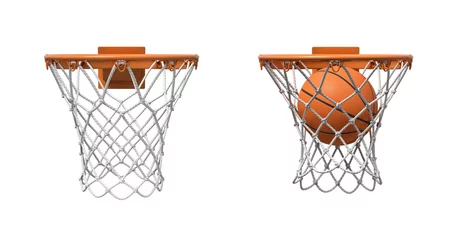 Fotobehang 3d rendering of two basketball nets with orange hoops, one empty and one with a ball falling inside. © gearstd