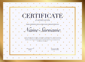 Certificate template with golden decoration element. Design diploma graduation, award. Vector illustration.