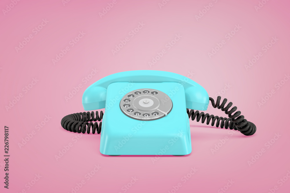 Wall mural 3d rendering of a blue retro rotary phone with a receiver on a cord stands on a pink background.