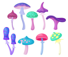 Flat vector set of different magic mushrooms. Forest plant. Elements for children fairy tale book or fantasy mobile game