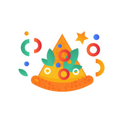 Slice of appetizing pizza, fast food dish vector Illustration on a white background